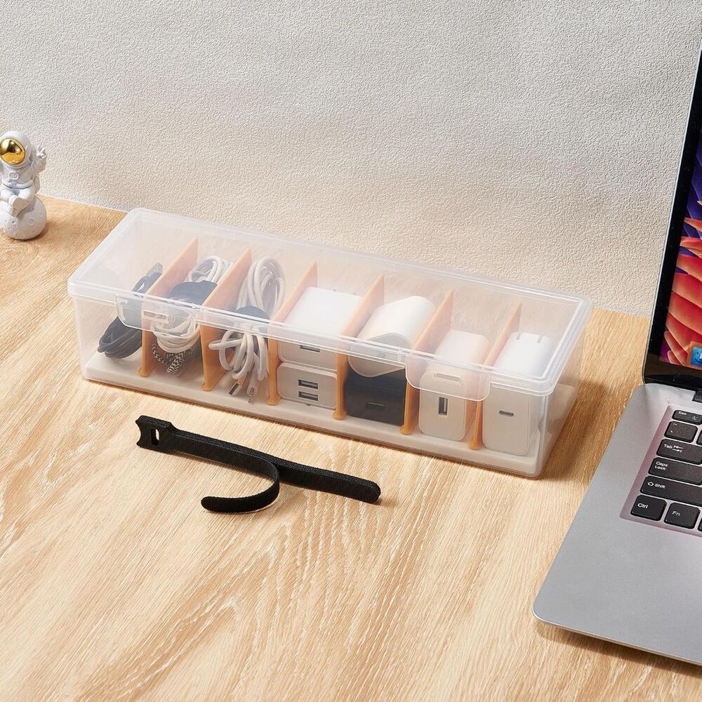 Clear Cable Organizer Box 8 Ties Adjustable Dividers Cord Charger Storage Case